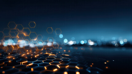 Glowing hexagons on a dark blue background with city lights in the distance