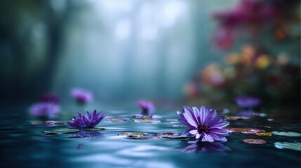 A serene water scene with glowing flowers floating on the surface