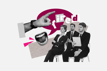 Full 3d poster art collage of serious business men girl sit chair boss mouth hand point fired...