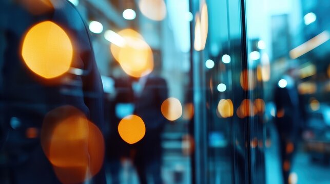 An artistic capture of blurred city lights and reflections creating an abstract, dynamic view that conveys the vibrant energy and hustle of urban life at night.