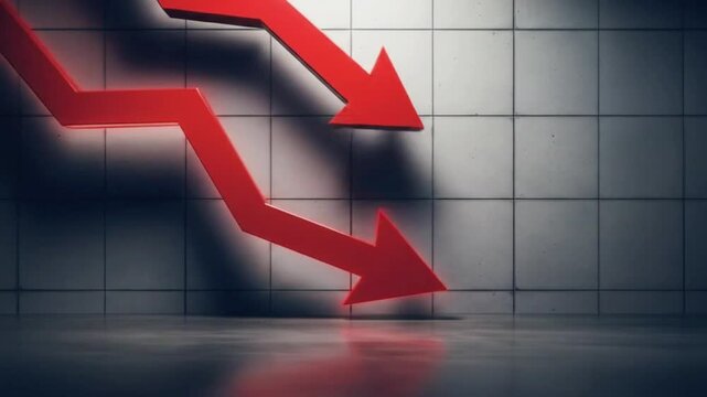 A red arrow pointing downwards against a gray tiled wall represents a negative trend