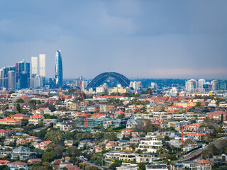Drone aerial point of view cityscape Sydney skyline with skyscrapers office building and real...