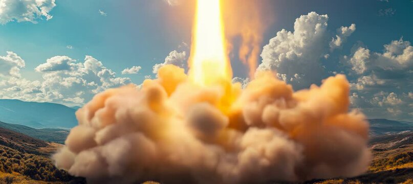 Ballistic nuclear missile launch to the enemy target. Military war aerial weapon. Generative video AI technology.	

