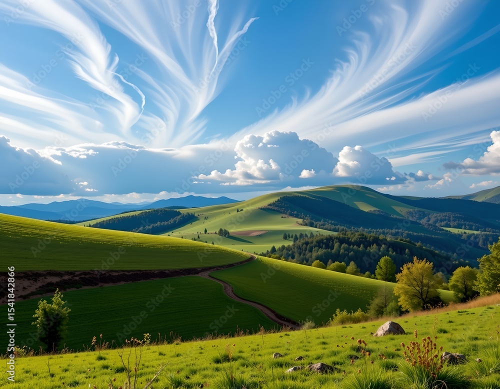 Aufkleber create an abstract landscape with swirling clouds, position on the right with soft glow style, optim