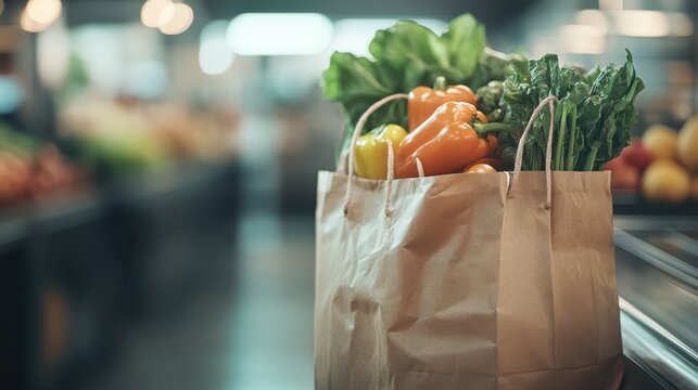 A brown paper shopping bag filled with fresh vegetables like lettuce and bell peppers, showcasing the essence of healthy eating and sustainable grocery shopping. - Powered by Adobe