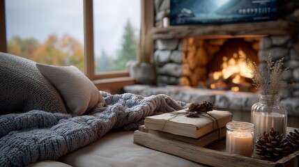 Cozy fireplace retreat mountain cabin interior design warm environment close-up relaxation concept