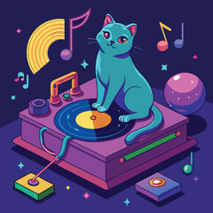Cartoon cat relaxing on a record player with musical notes and sparkling background