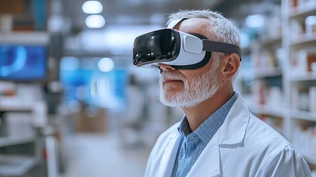 Senior man using a virtual reality headset in a modern health clinic. - Powered by Adobe