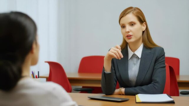 A serious businesswoman in a formal suit points assertively during a tense office conversation, suggesting confrontation or disciplinary action.