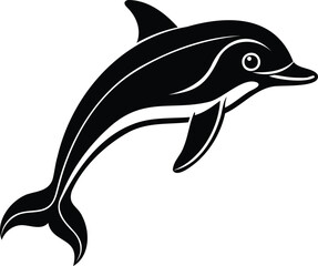 Stylized black and white image of a dolphin gracefully leaping forward