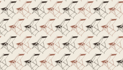 Hand drawn deck chair retro seamless pattern vector illustration. Outdoor lounger ornament. Summer beach vibe design for textile, fabric, background and packaging.