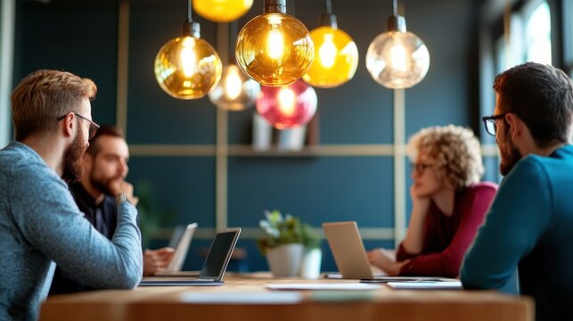 A group of professionals engages in a collaborative discussion in a stylish modern workspace, highlighting teamwork, creativity, and innovation in a professional setting.