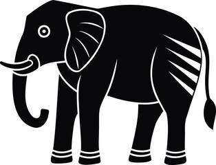 Black and white illustration of a cute cartoon elephant, full body view