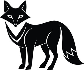 Stylized black and white image of a fox standing against a white background