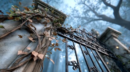 Mysterious gate entrance enchanted forest digital artwork foggy atmosphere low angle view fantasy concept