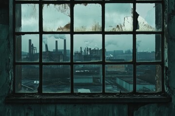 Broken factory windows framing a moody industrial skyline