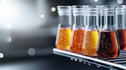 A collection of vibrant liquids in laboratory glassware, emphasizing scientific exploration, experimentation, and the beauty of chemistry in a well-lit modern environment.