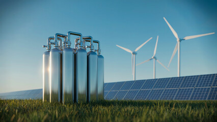 Sustainable Energy Concept Featuring Hydrogen Storage, Solar Panels, and Wind Turbines