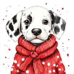 A Dalmatian Puppy in a Cozy Red Knitted Sweater and Scarf