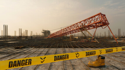 Desolate Construction Site with Overturned Crane and Partially Built Structures