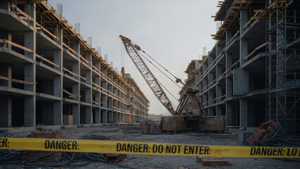 Empty Building Zone Featuring Toppled Crane and Idle Scaffolding