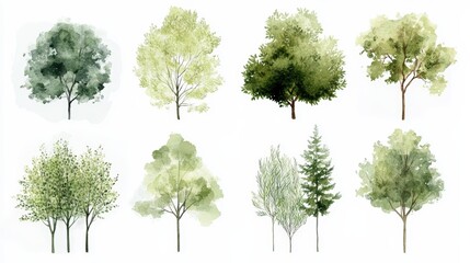 Fototapeta premium Watercolor illustration of eight diverse green trees with various shapes and foliage styles, showcasing natural beauty and artistic detail.