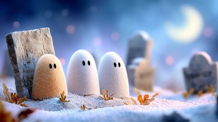 Playful ghosts trick-or-treating in a spooky graveyard at night whimsical illustration in a mystical atmosphere