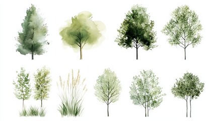 Fototapeta premium A collection of ten different watercolor tree illustrations showcasing various shapes, colors, and foliage styles.