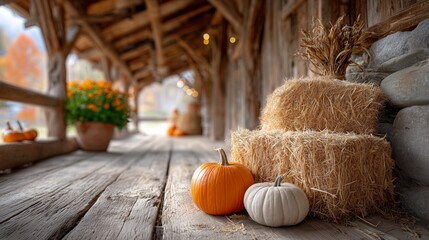 Harvest scene featuring pumpkins and hay bales rustic barn autumn decor cozy environment outdoor viewpoint