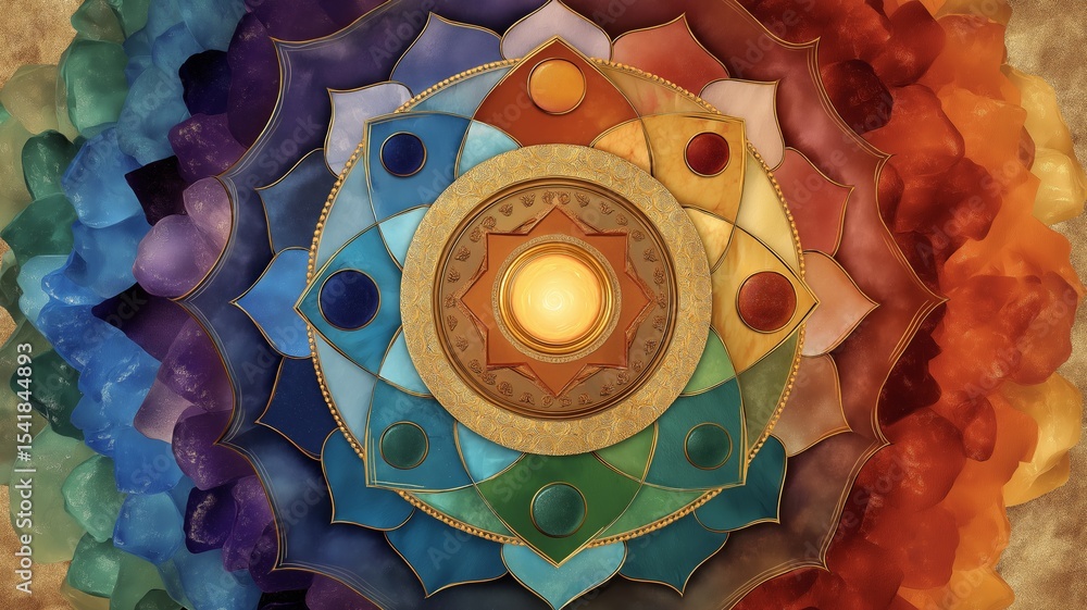 Poster vibrant representation of chakra symbols with colorful crystals arranged in a circular pattern