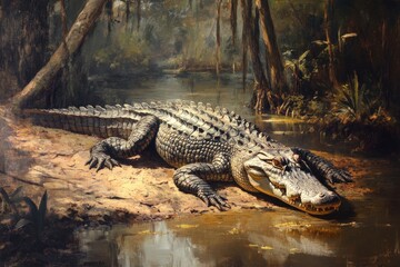 Crocodile basking in the sun on a muddy riverbank