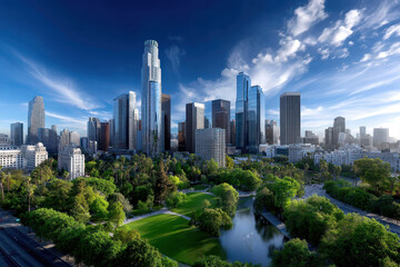 Obraz premium Skyline view of downtown urban landscape with lush greenery in Los Angeles during daylight