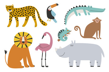 Cute african safari animals and birds. Hand drawn vector animals illustration set.