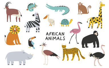 Cartoon african animals and birds vector set for kids. Hand drawn safari animals illustration