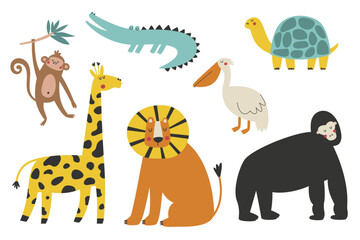 Cute african safari animals and birds. Hand drawn vector animals illustration set.