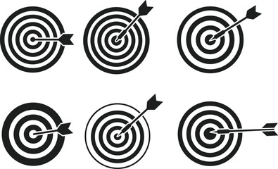 Vector illustration of dart hitting target, bullseye symbol, business goal achievement, precision accuracy, marketing strategy success, flat silhouette icon