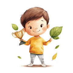 A Joyful Child with a Trophy and Autumn Leaves
