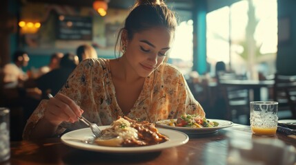 Cinematic wide still of a 25 year old woman eating at a puerto rican diner restaurant having a taste of her beautiful food on his plate, symmetrical composition 
