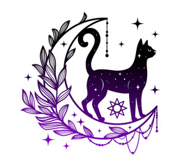 Vector illustration of a magical cat in silhouette style filled with stars, moons, and cosmic textures. Mysterious and dreamy design using deep blue, black, and violet tones.