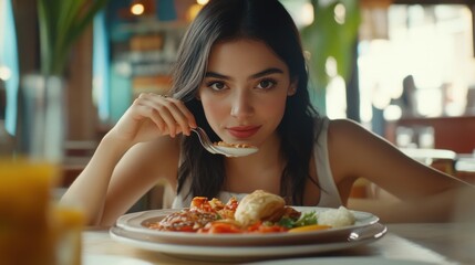 Cinematic wide still of a 25 year old woman eating at a puerto rican diner restaurant having a taste of her beautiful food on his plate, symmetrical composition 
