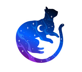 Vector illustration of a magical cat in silhouette style filled with stars, moons, and cosmic textures. Mysterious and dreamy design using deep blue, black, and violet tones.