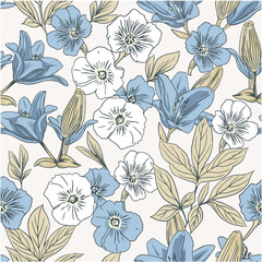 Blue floral, botanical wallpaper, delicate flowers, vintage pattern, hand drawn, inspired by nature. Vector illustration