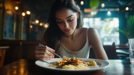 Cinematic wide still of a 25 year old woman eating at a puerto rican diner restaurant having a taste of her beautiful food on his plate, symmetrical composition 
