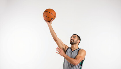 Young man shooting basketball while reaching upward on white background