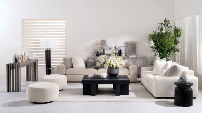 A modern minimalist living room with a bright interior, furnished with stylish furniture and neutral tones, embodies simple elegance and modern comfort.