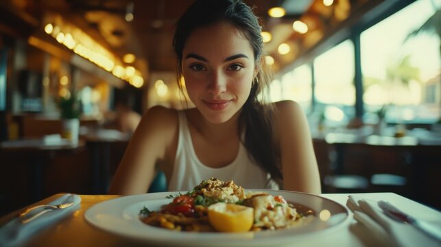 Cinematic wide still of a 25 year old woman eating at a puerto rican diner restaurant having a taste of her beautiful food on his plate, symmetrical composition 
