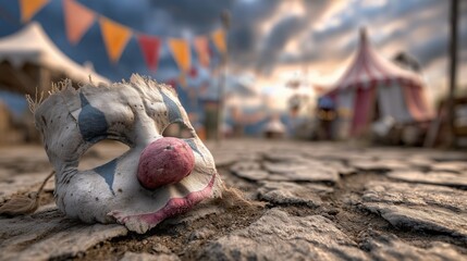 Abandoned circus scene eerie clown mask deserted fairground photo atmospheric low angle haunting vibes