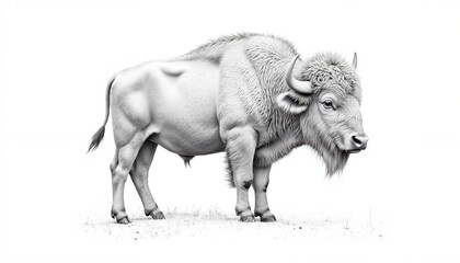 Fototapeta premium Bison standing on grass in monochrome illustration 