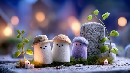 Charming ghostly figures celebrate halloween enchanted graveyard photography whimsical close-up spooky vibes