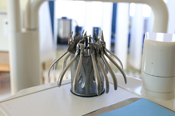 Dentist's work in dental office, showing jaw with braces. Orthodontic treatment, dental care...